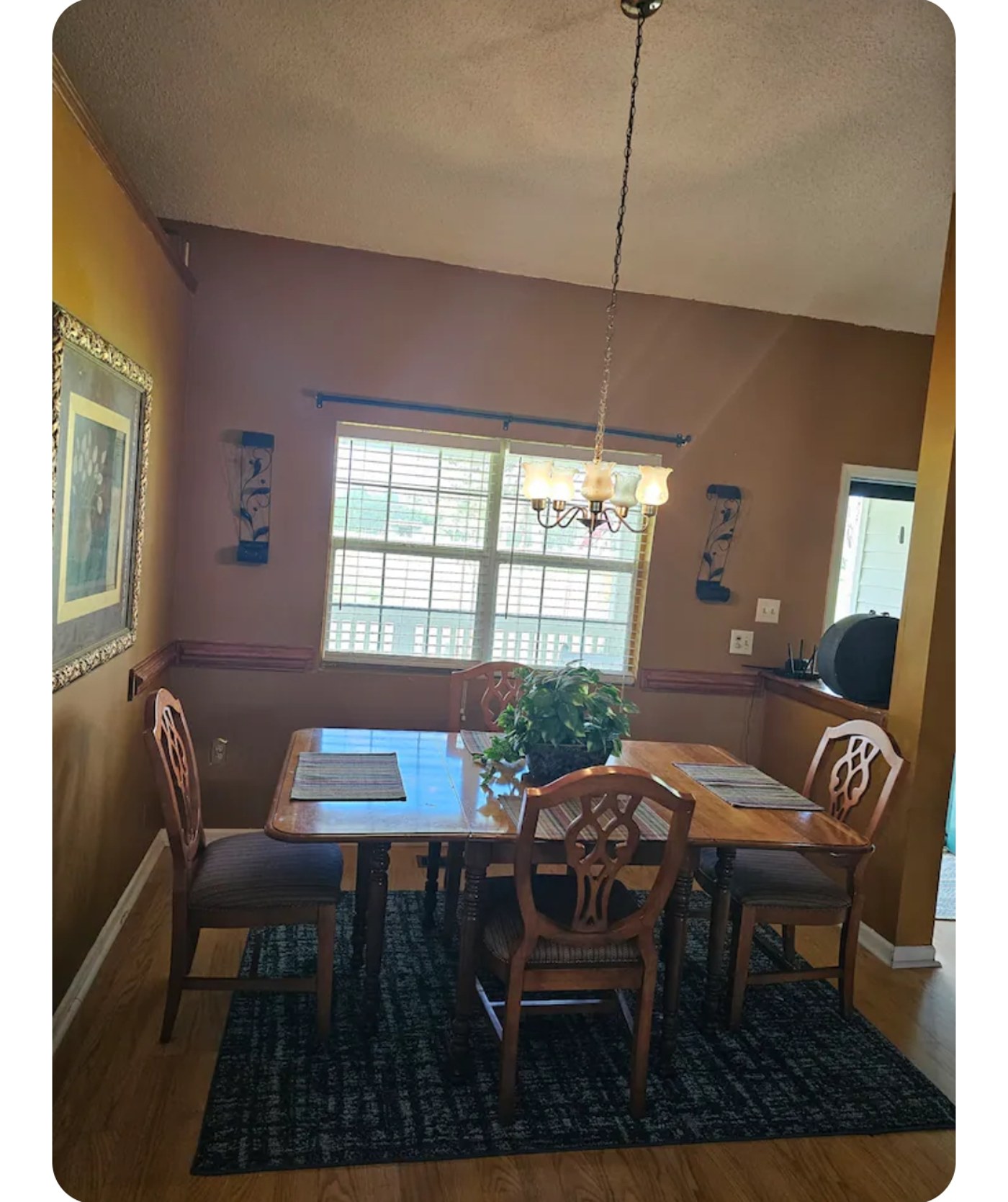 Farmhouse dining room with table set for six
