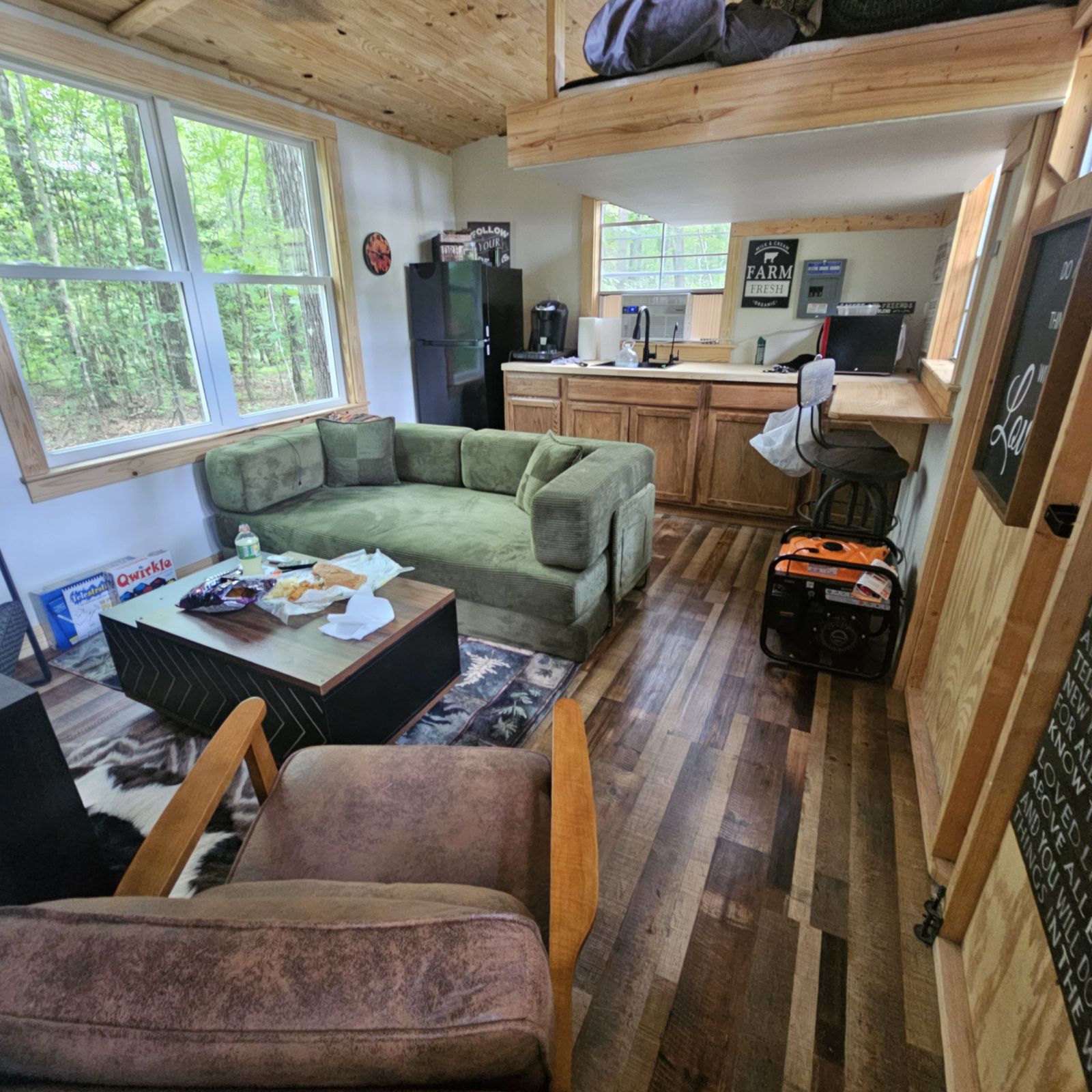 Inside the proof-of-concept cabin, with kitchenette and loft